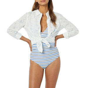 NWT Plunge Tummy Control Shaping One-Piece Swimsuit 2 Horizontal Blue Stripe